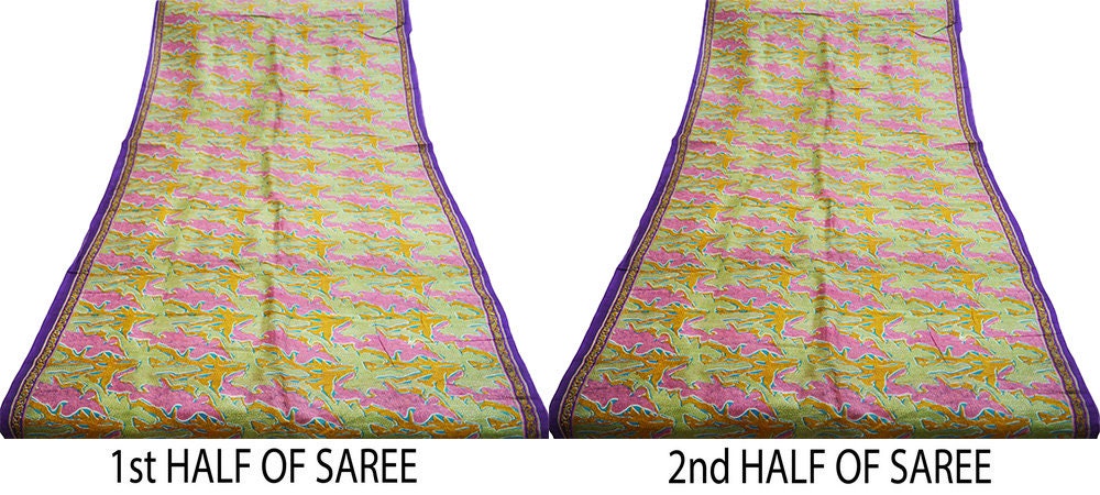 Indian Vintage Sari Pink & Green Pure Silk Printed Saree 5yd Sewing Craft Fabric Dress Making Soft Abstract Ethnic