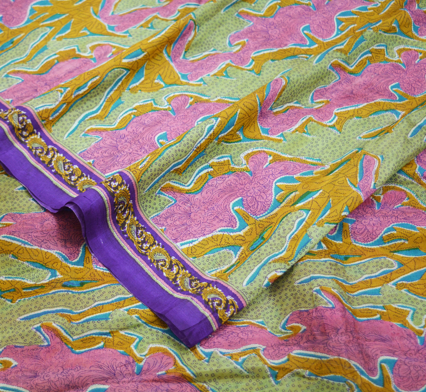 Indian Vintage Sari Pink & Green Pure Silk Printed Saree 5yd Sewing Craft Fabric Dress Making Soft Abstract Ethnic
