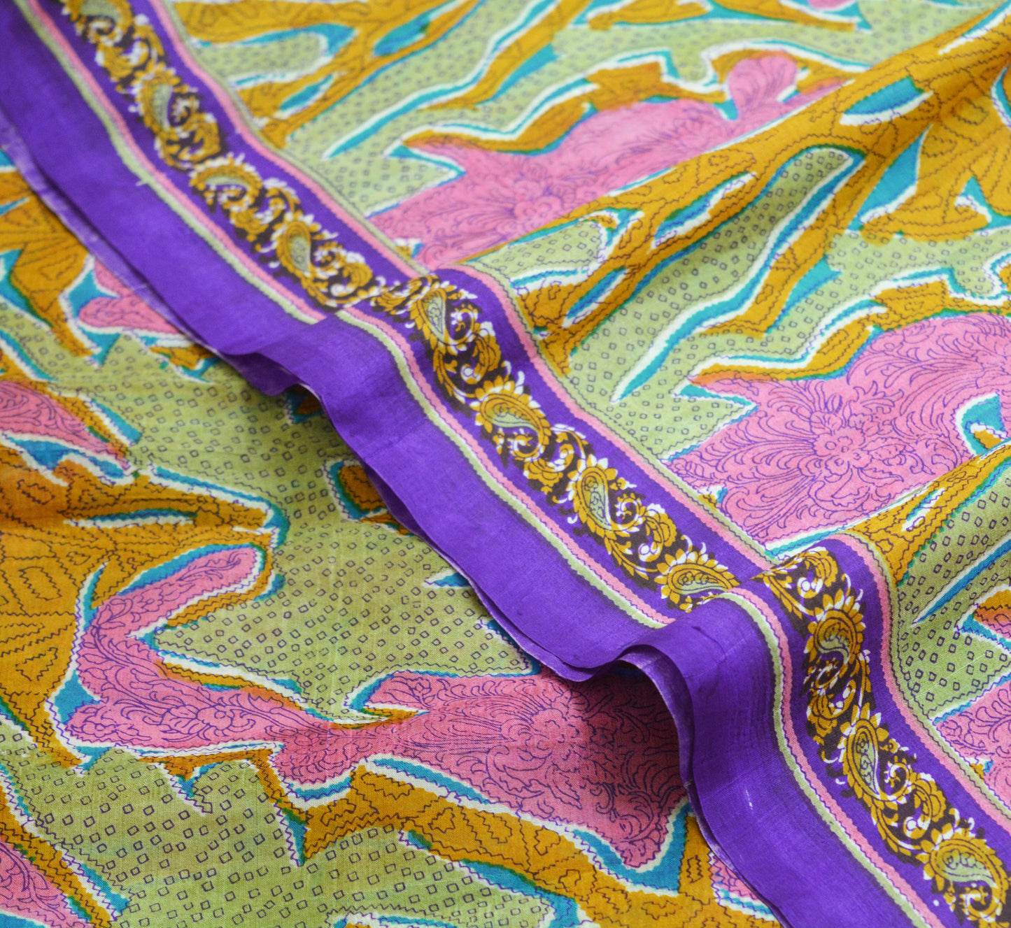 Indian Vintage Sari Pink & Green Pure Silk Printed Saree 5yd Sewing Craft Fabric Dress Making Soft Abstract Ethnic