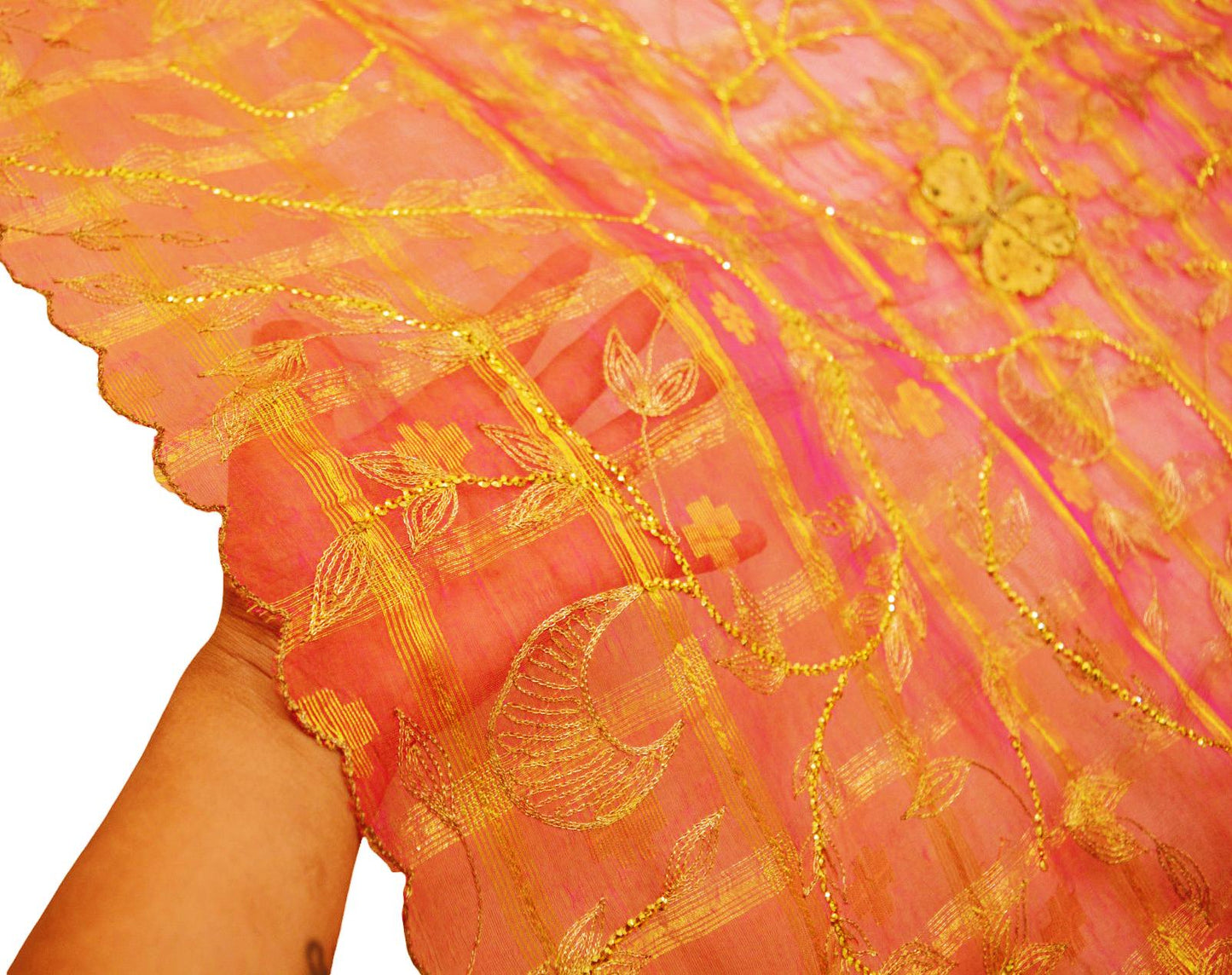 Indian Orange & Pink Organza Vintage Dupatta Long Stole Hand Embroidered Indian Scarves Veil Zari Sequins