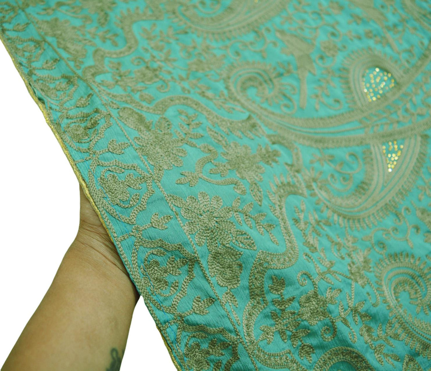 Indian Vintage Green Dupatta Art Silk Long Stole Embroidered Scarves Floral Design Stole Veil Wrap
