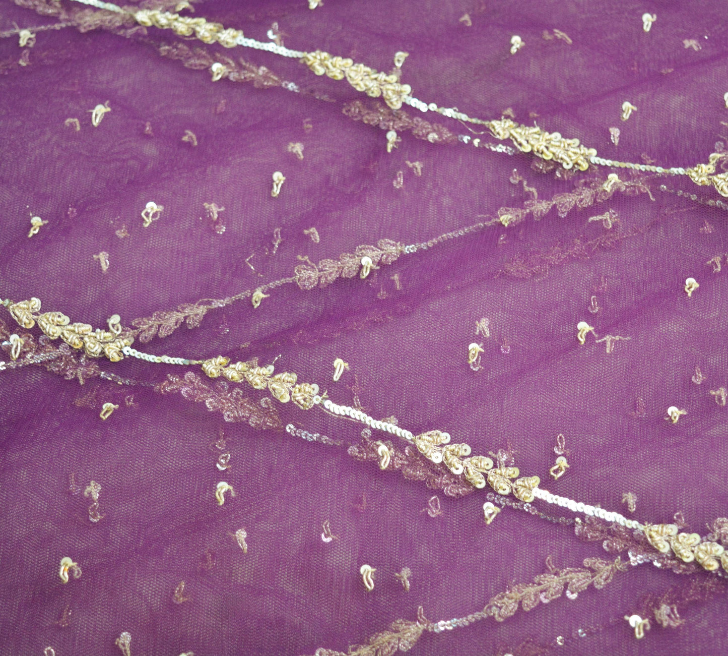 Indian Vintage Heavy Purple Dupatta Net Mesh Long Stole Hand Embroidered Scarf Purple Zardozi Zari Sequins Stole