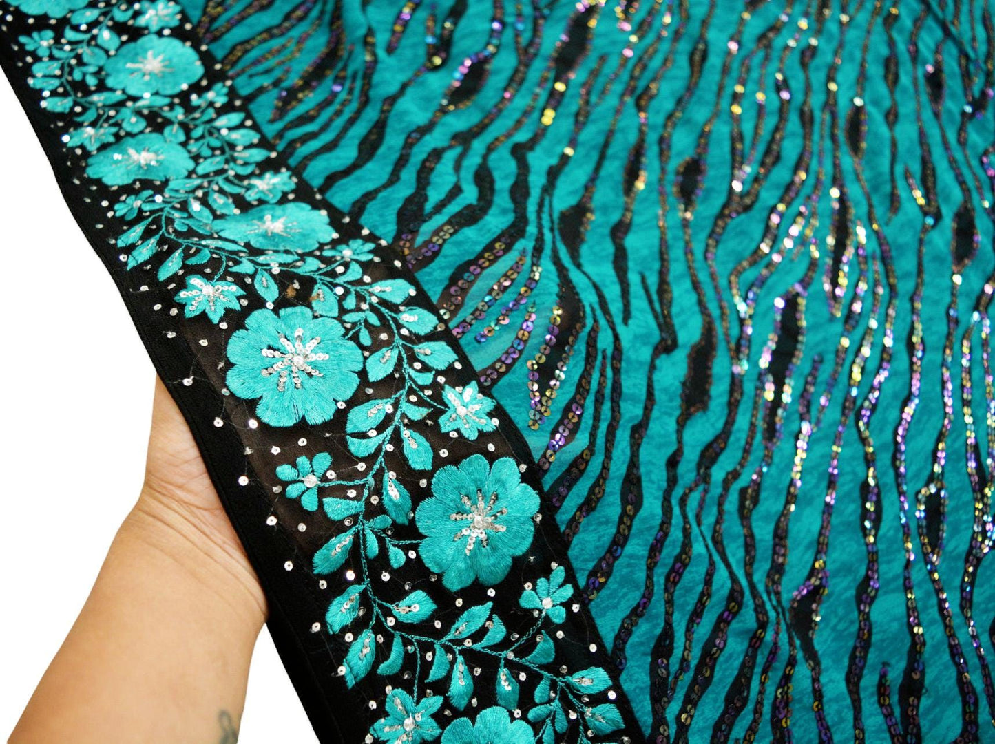 Indian Vintage Sari Green & Black Hand Embroidered Pure Georgette Silk Sari Saree Fabric 5Yd Sequins