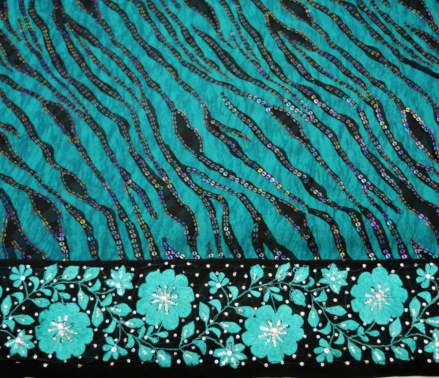 Indian Vintage Sari Green & Black Hand Embroidered Pure Georgette Silk Sari Saree Fabric 5Yd Sequins