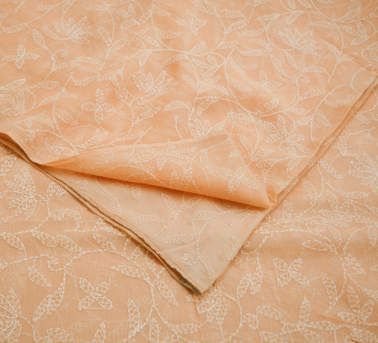 Indian Vintage Sari Cotton Peach Handmade Chikankari Saree Fabric 5Yard Sari Ethnic Floral