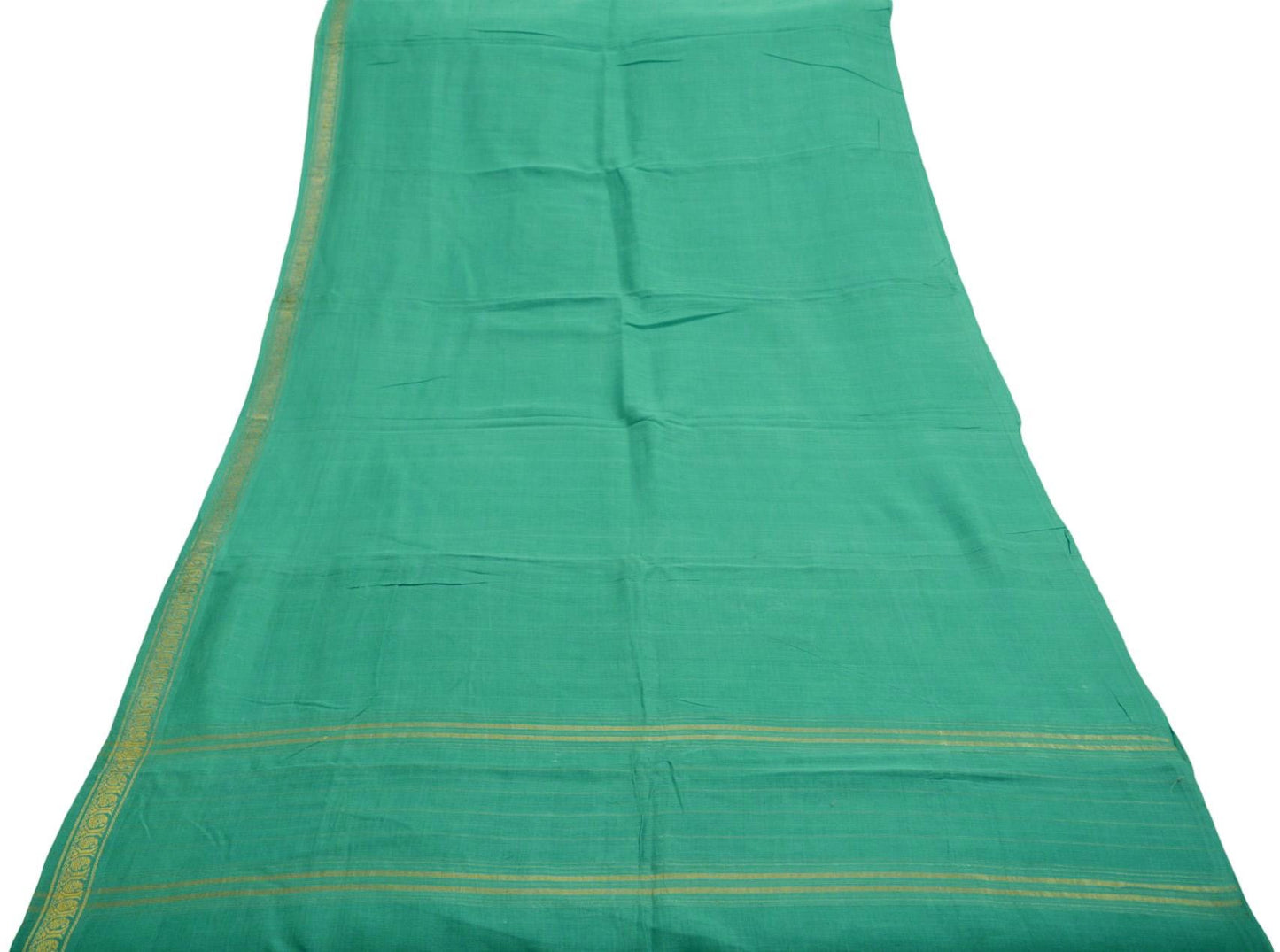 Vintage Sari Green Pure Cotton Hand Woven Saree 5Yard Soft Floral Golden Zari