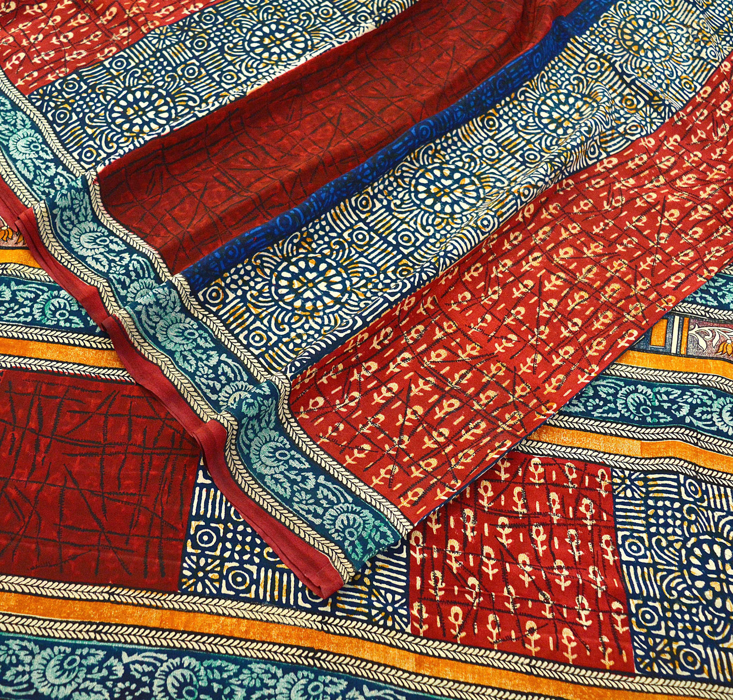 Indian Vintage Sari Multi Pure Crepe Silk Block Printed Saree 5yard Sewing Floral Soft Craft Fabric Wrap