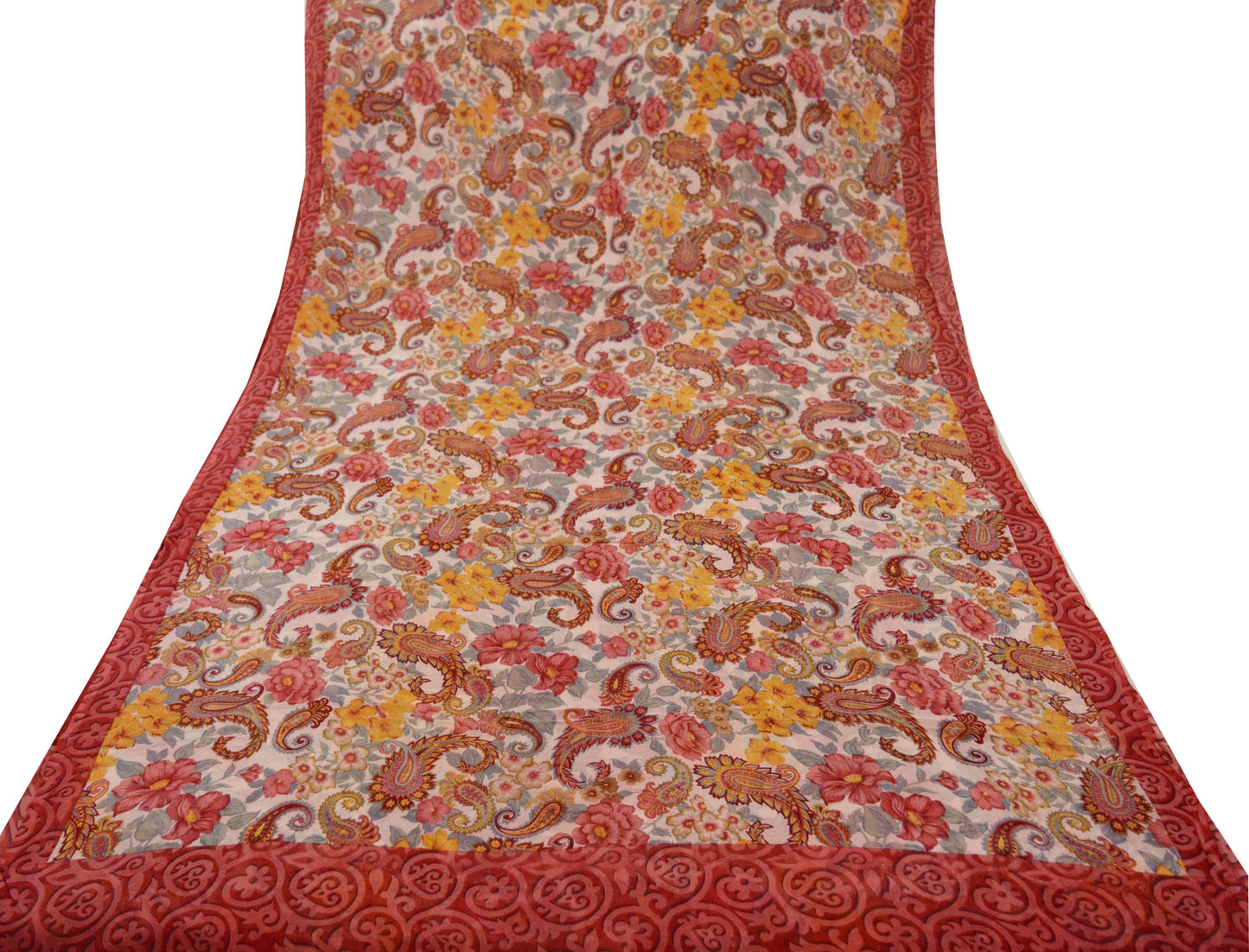 Indian Vintage Sari Red & Ivory Pure Chiffon Silk Saree Craft Fabric Sewing 5Yard Soft Light Sari Dress Making Floral