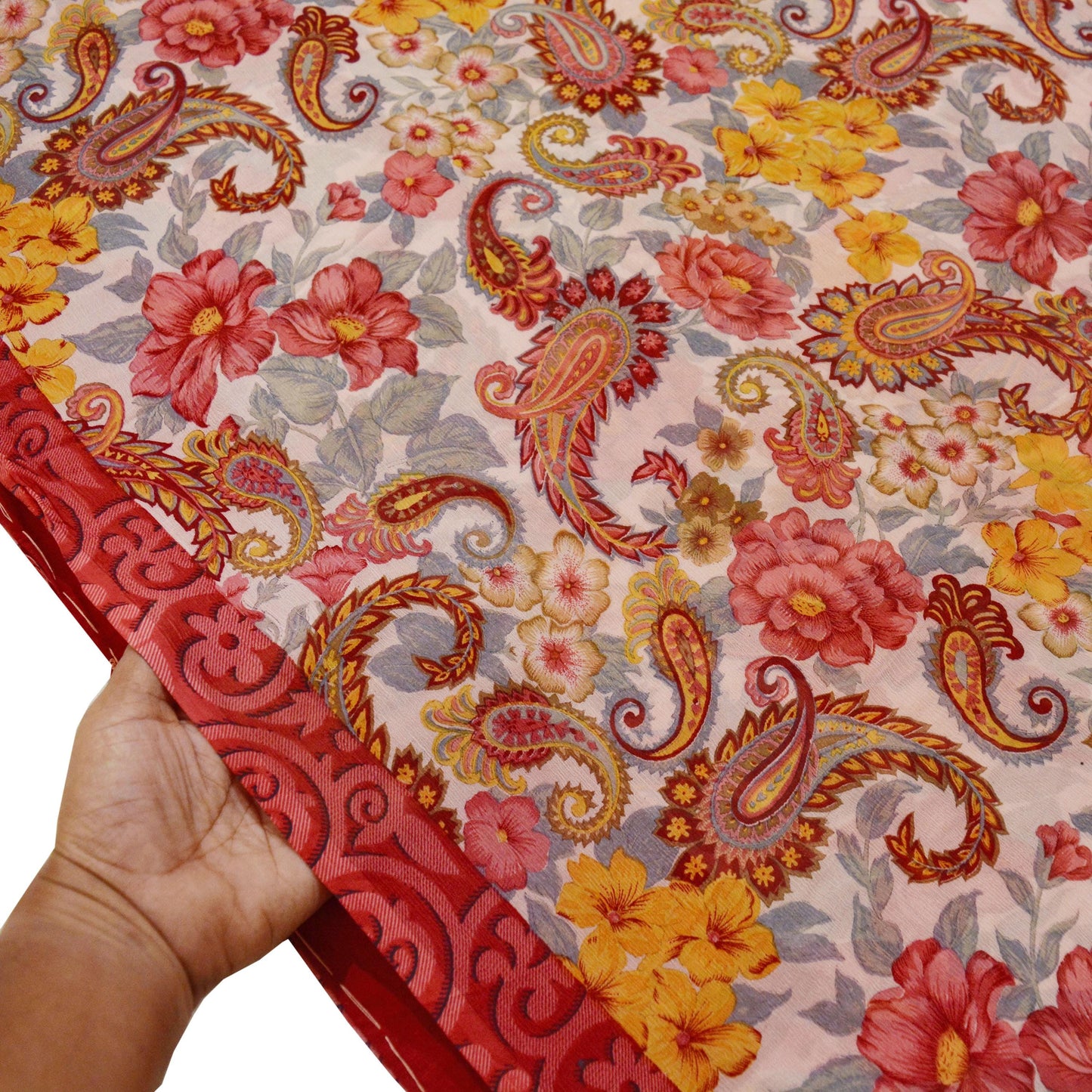 Indian Vintage Sari Red & Ivory Pure Chiffon Silk Saree Craft Fabric Sewing 5Yard Soft Light Sari Dress Making Floral