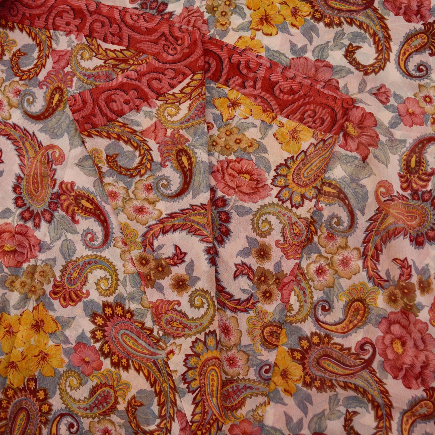 Indian Vintage Sari Red & Ivory Pure Chiffon Silk Saree Craft Fabric Sewing 5Yard Soft Light Sari Dress Making Floral