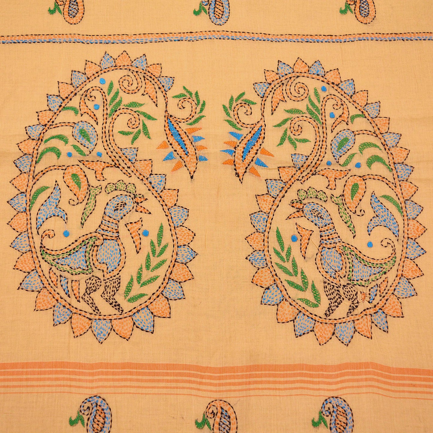 Indian Vintage Sari Peach Pure Cotton Hand Embroidered Saree Kantha Fabric 6yard Sewing Floral Soft Zari