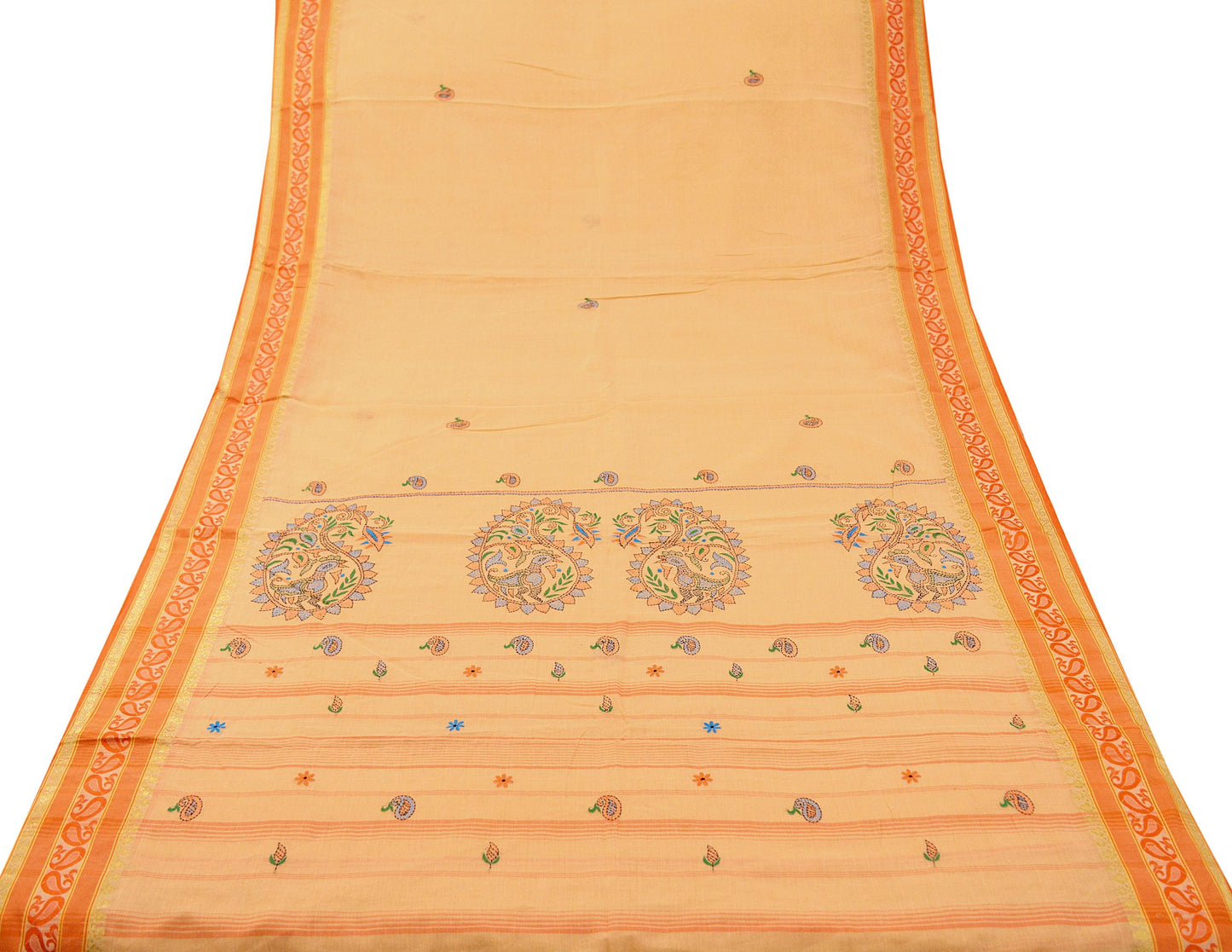 Indian Vintage Sari Peach Pure Cotton Hand Embroidered Saree Kantha Fabric 6yard Sewing Floral Soft Zari