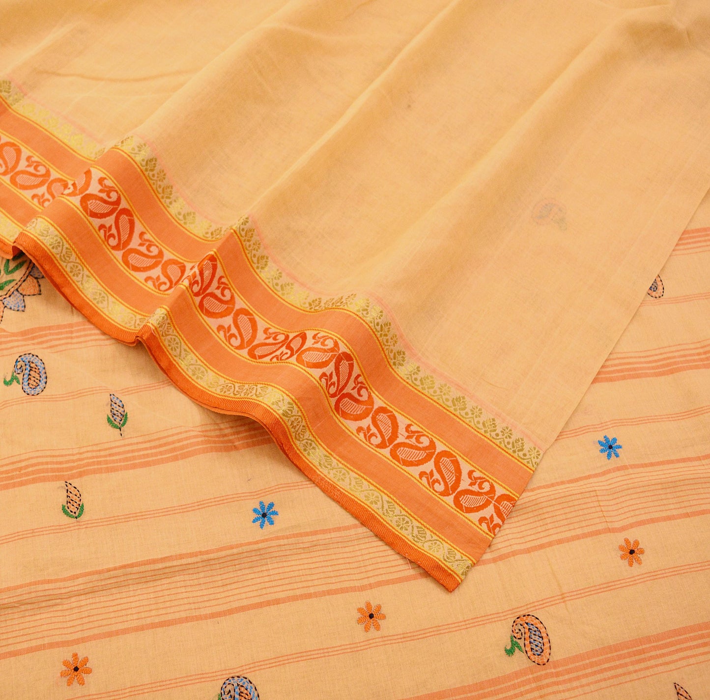 Indian Vintage Sari Peach Pure Cotton Hand Embroidered Saree Kantha Fabric 6yard Sewing Floral Soft Zari