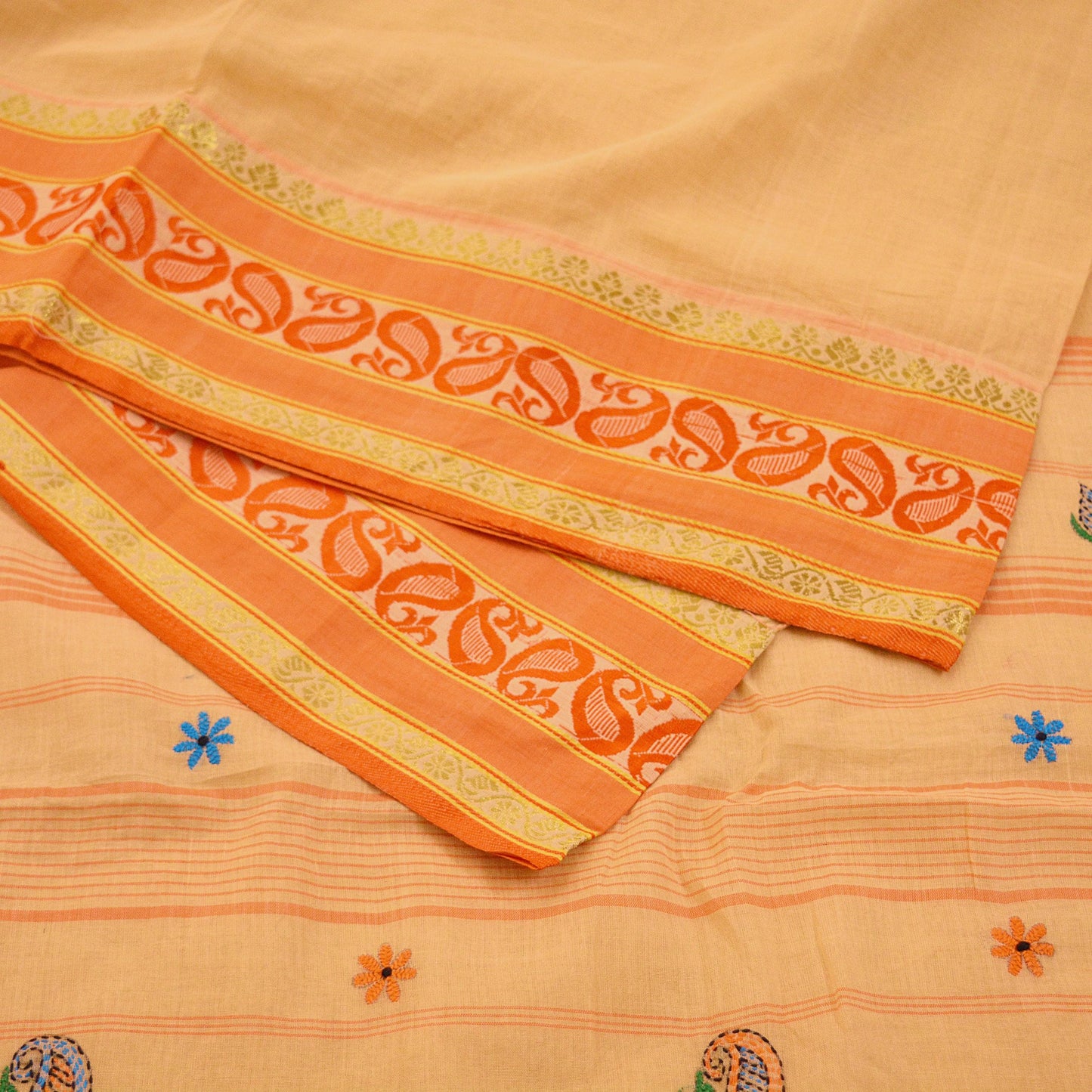 Indian Vintage Sari Peach Pure Cotton Hand Embroidered Saree Kantha Fabric 6yard Sewing Floral Soft Zari