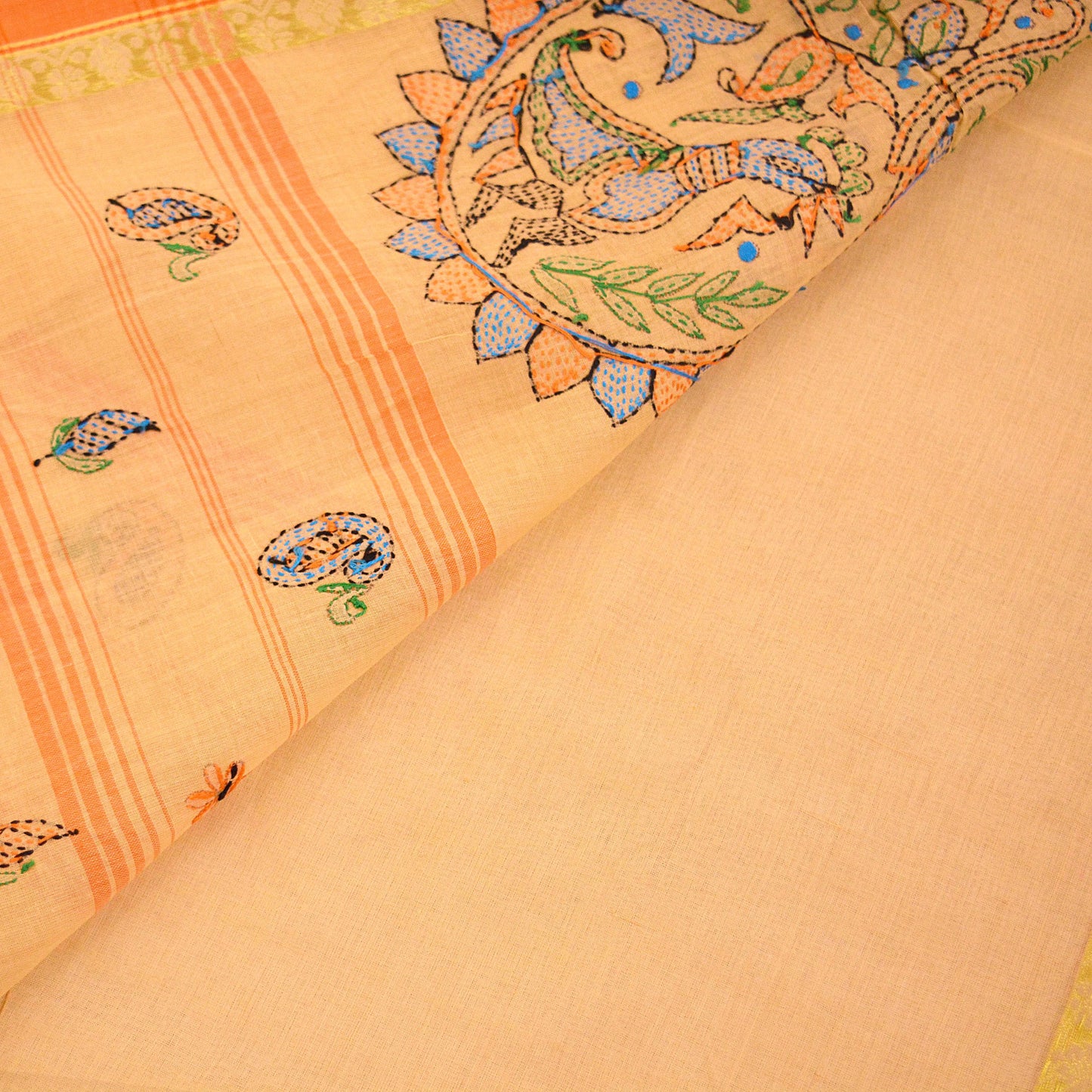 Indian Vintage Sari Peach Pure Cotton Hand Embroidered Saree Kantha Fabric 6yard Sewing Floral Soft Zari