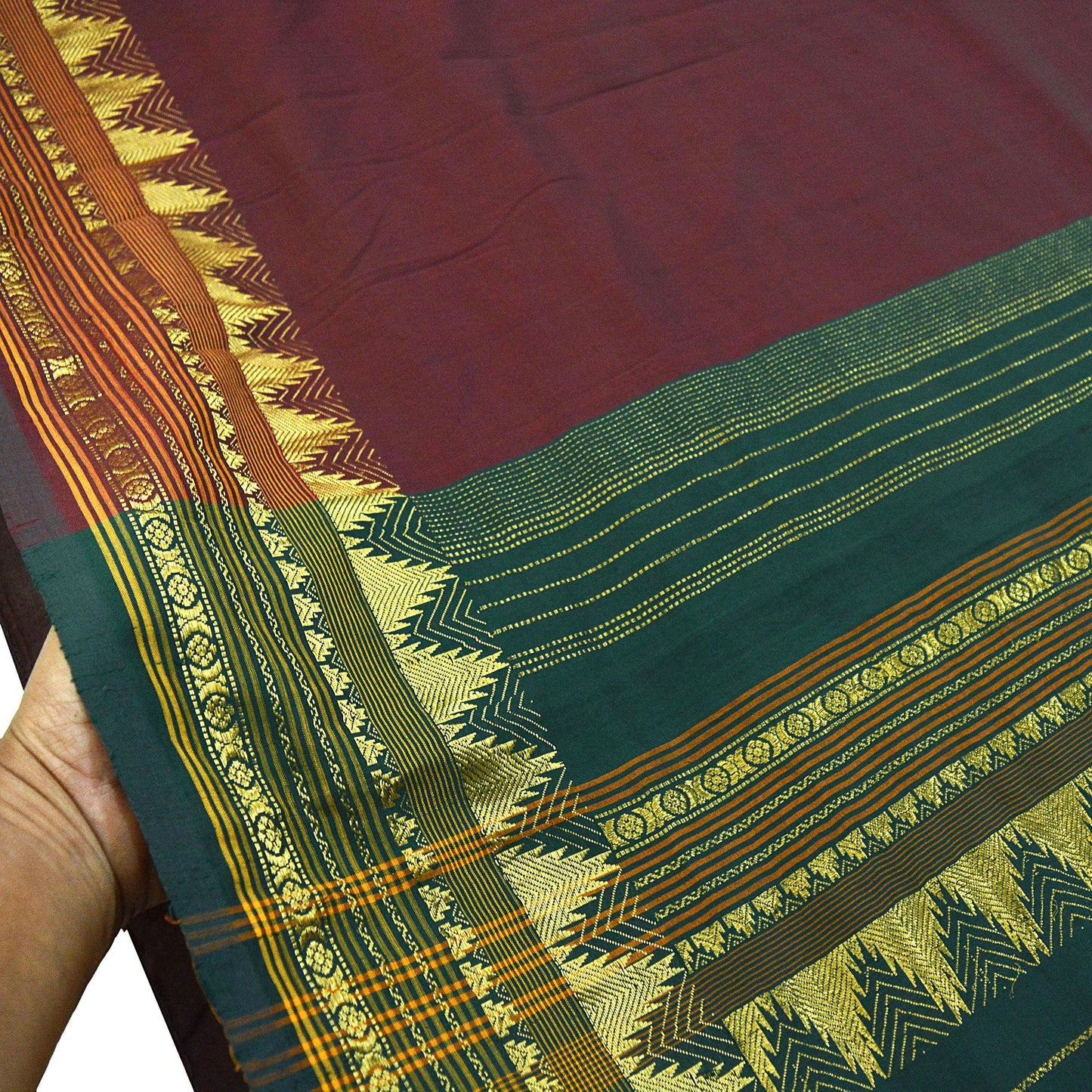 Vintage Sari Maroon & Green Pure Cotton Hand Woven Sarees Craft Fabric Zari 5Yd Sewing Soft Crafting Dress making Upcycle Quilting Zigzag