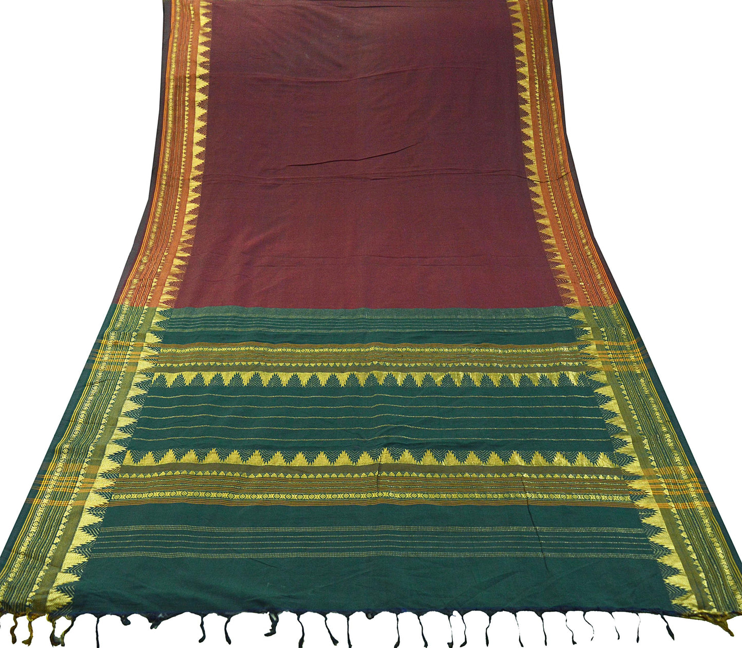Vintage Sari Maroon & Green Pure Cotton Hand Woven Sarees Craft Fabric Zari 5Yd Sewing Soft Crafting Dress making Upcycle Quilting Zigzag