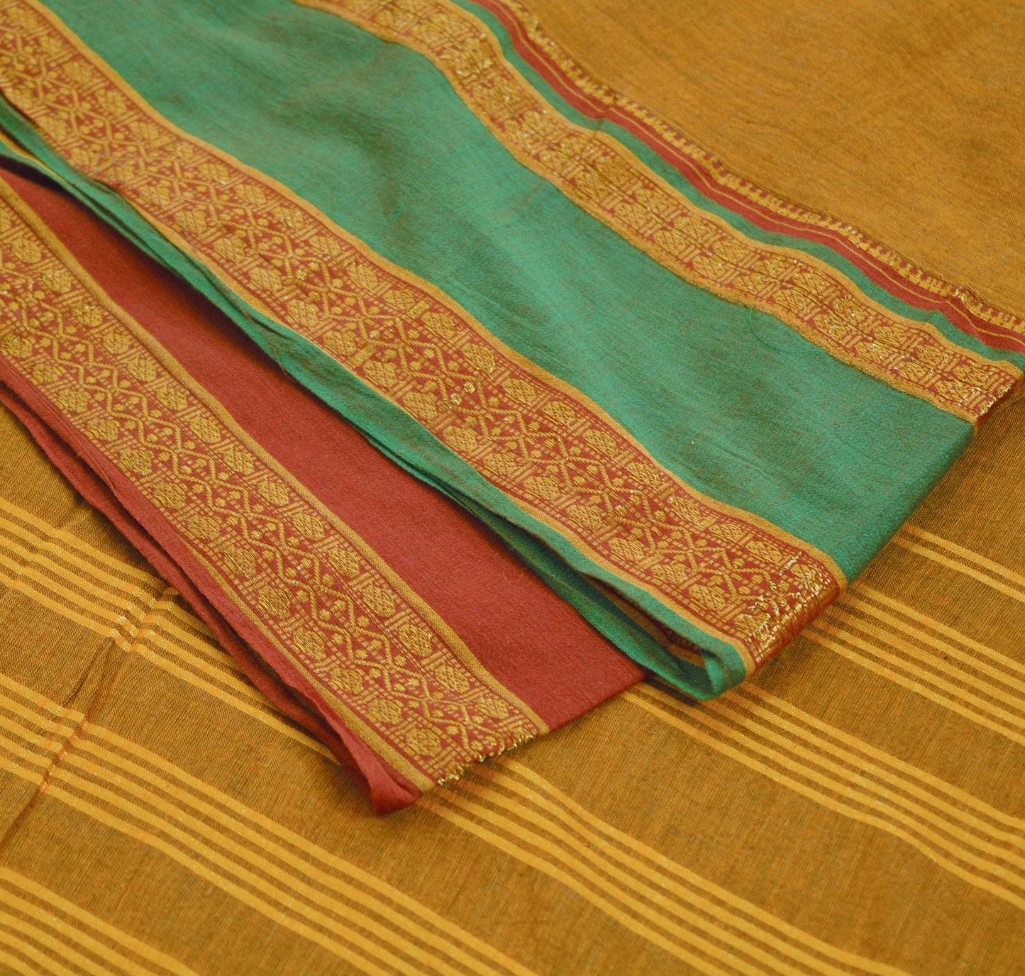 Vintage Sari Saffron Pure Cotton Hand Woven Saree Golden Zari 6Yard Soft Floral Golden Zari