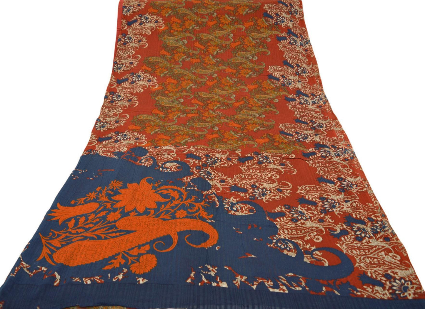 Indian Vintage Sari Saffron & Blue Pure Crepe Silk Printed Saree 5yard Sewing Soft Craft Fabric Ethnic Wrap