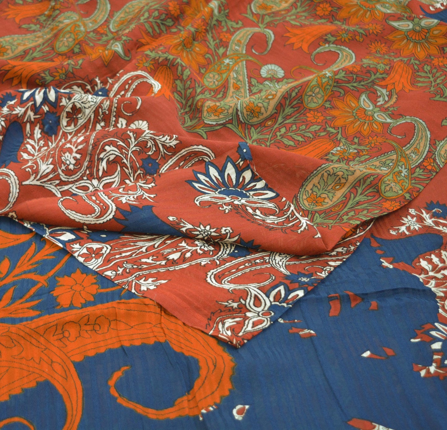 Indian Vintage Sari Saffron & Blue Pure Crepe Silk Printed Saree 5yard Sewing Soft Craft Fabric Ethnic Wrap
