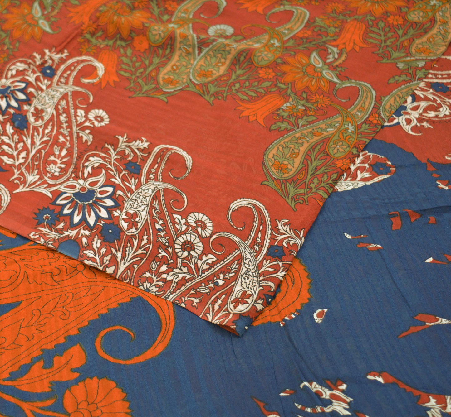 Indian Vintage Sari Saffron & Blue Pure Crepe Silk Printed Saree 5yard Sewing Soft Craft Fabric Ethnic Wrap
