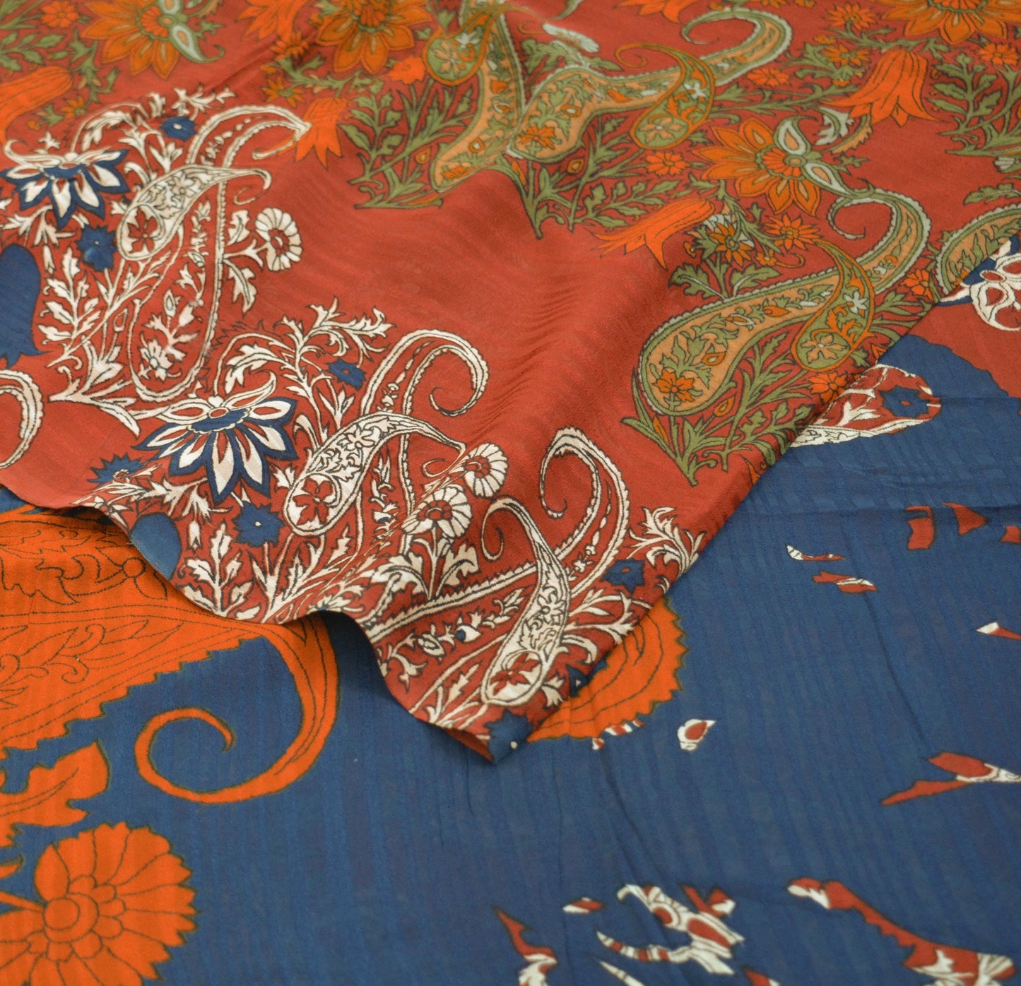 Indian Vintage Sari Saffron & Blue Pure Crepe Silk Printed Saree 5yard Sewing Soft Craft Fabric Ethnic Wrap