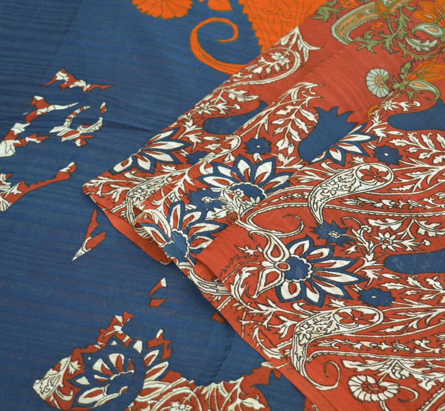 Indian Vintage Sari Saffron & Blue Pure Crepe Silk Printed Saree 5yard Sewing Soft Craft Fabric Ethnic Wrap