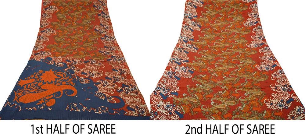 Indian Vintage Sari Saffron & Blue Pure Crepe Silk Printed Saree 5yard Sewing Soft Craft Fabric Ethnic Wrap