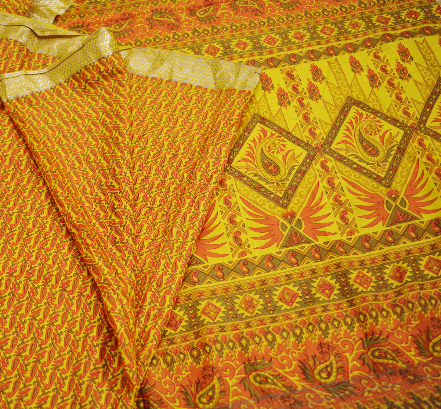 Indian Vintage Sari Yellow Pure Silk Printed Saree 6yd Sewing Craft Fabric DressMaking Soft