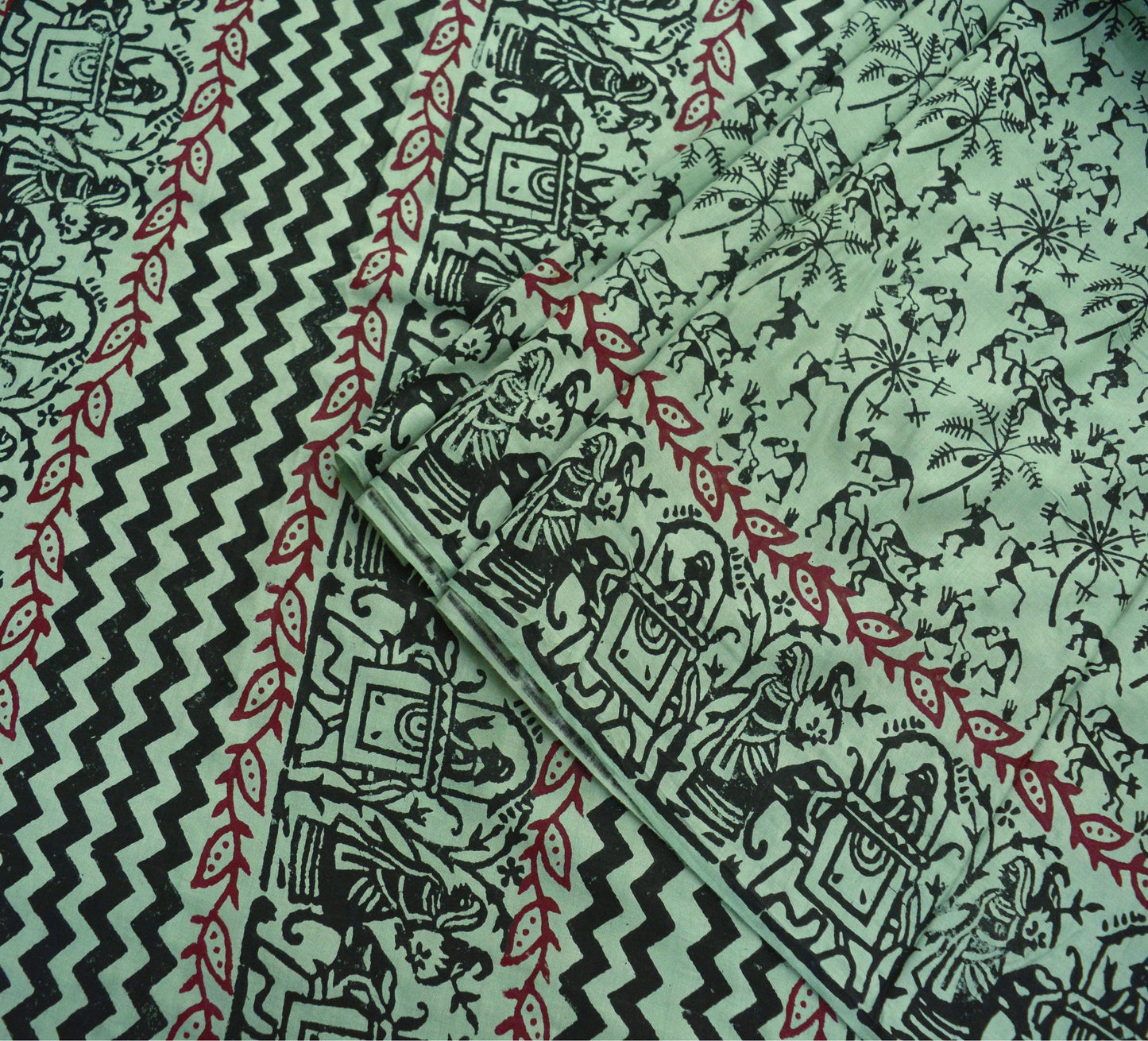 Indian Vintage Sari Green Pure Cotton Warli Print Saree 5Yd Craft Fabric Soft Sewing Sarong Wrap Boho Quilting Crafting Used Upcycle Dress