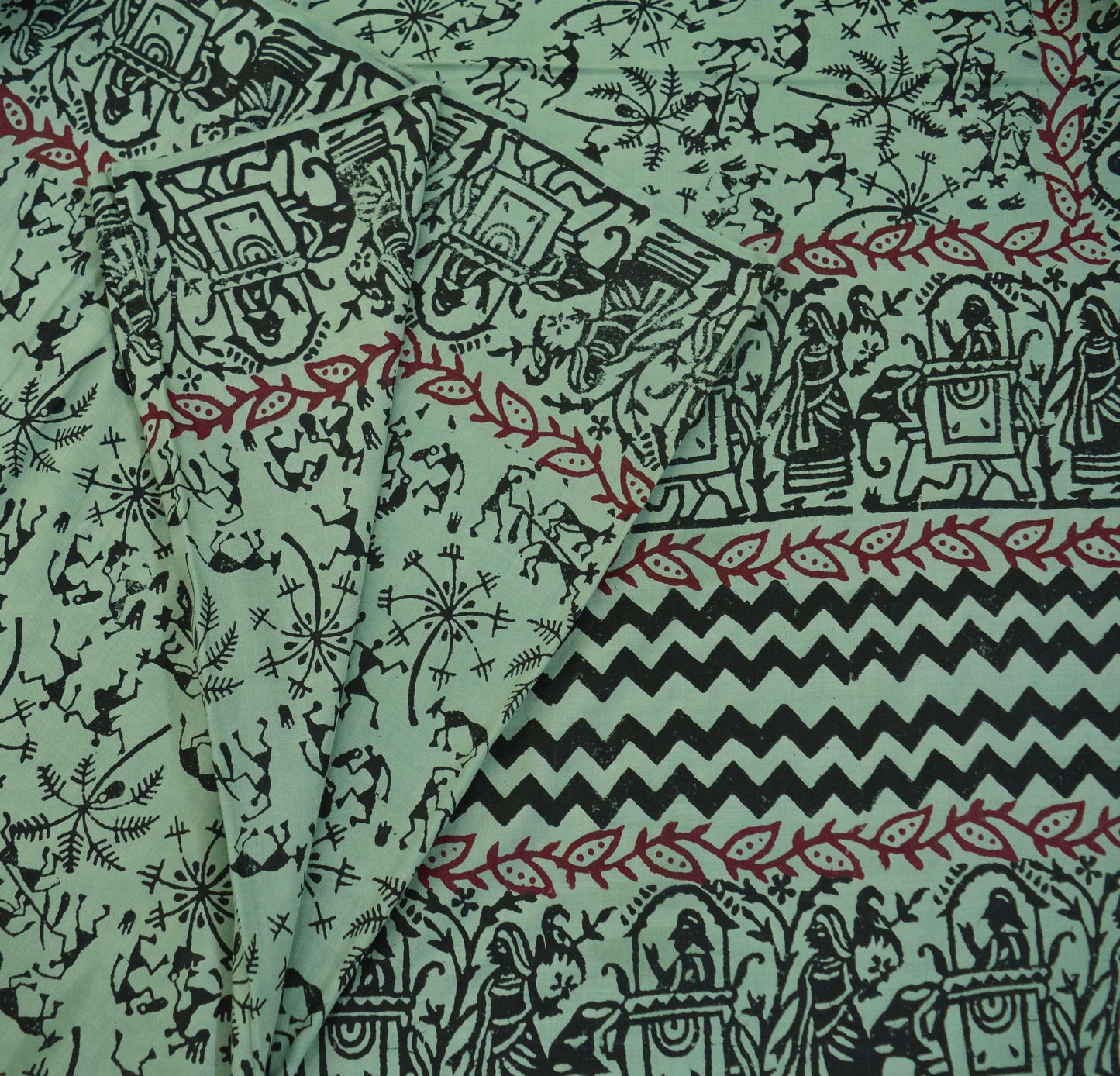 Indian Vintage Sari Green Pure Cotton Warli Print Saree 5Yd Craft Fabric Soft Sewing Sarong Wrap Boho Quilting Crafting Used Upcycle Dress