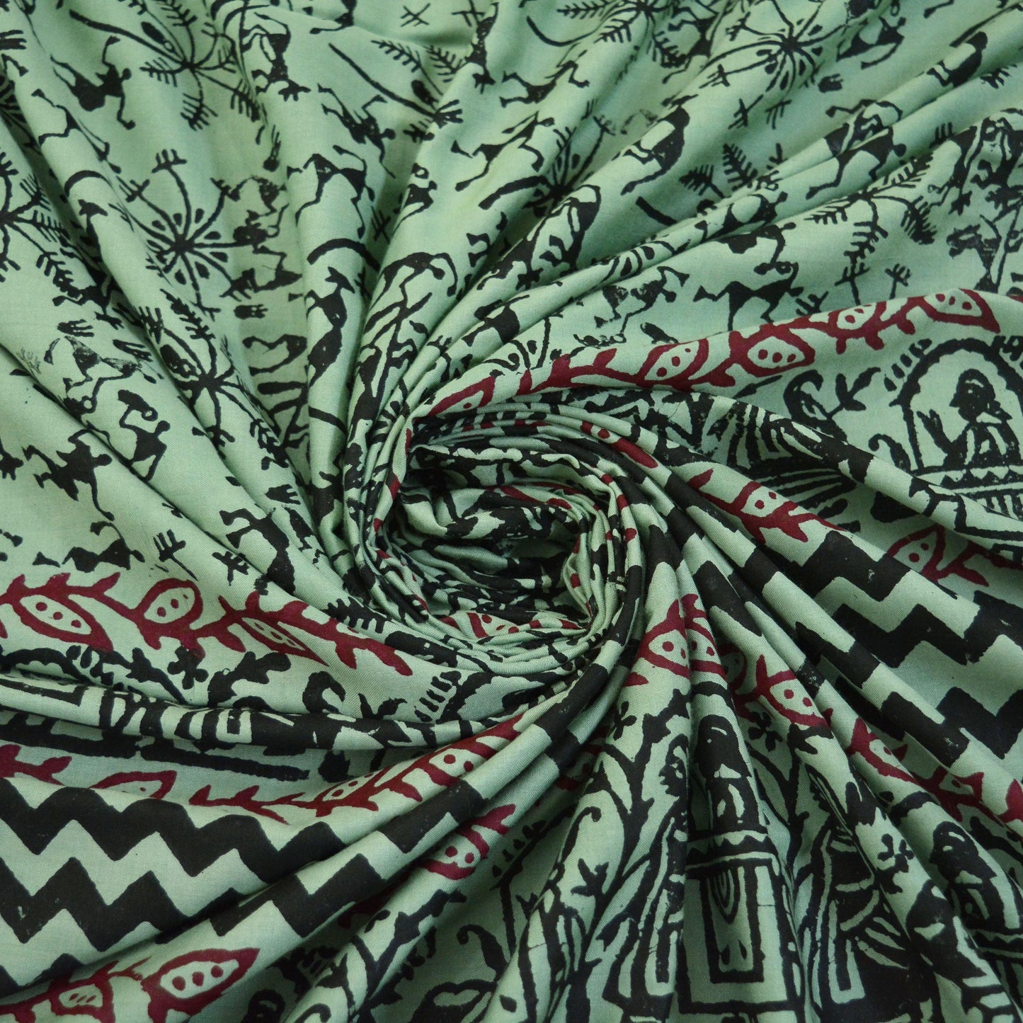 Indian Vintage Sari Green Pure Cotton Warli Print Saree 5Yd Craft Fabric Soft Sewing Sarong Wrap Boho Quilting Crafting Used Upcycle Dress