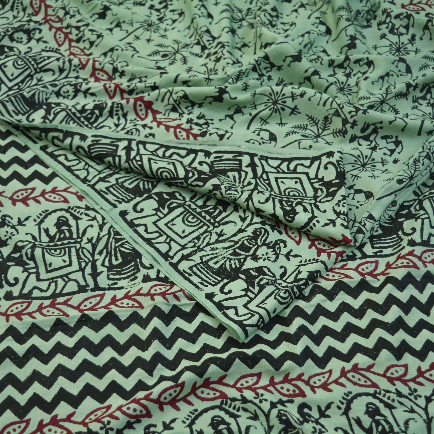 Indian Vintage Sari Green Pure Cotton Warli Print Saree 5Yd Craft Fabric Soft Sewing Sarong Wrap Boho Quilting Crafting Used Upcycle Dress
