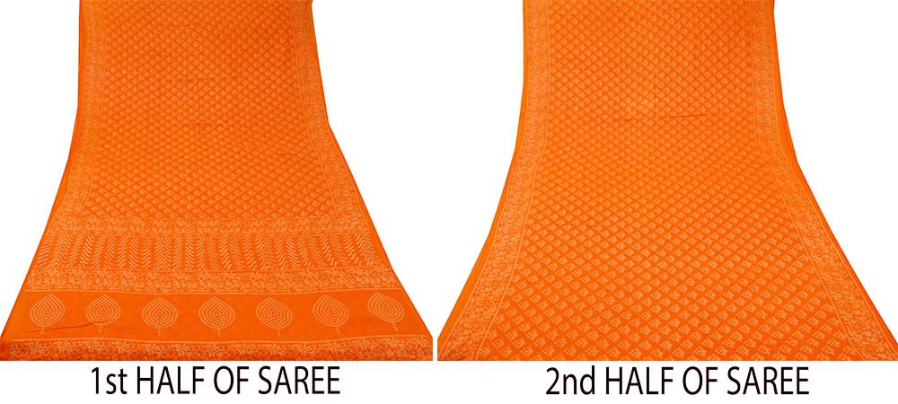FREE SHIPPING Indian Vintage Sari Orange 100% Pure Cotton Printed Saree 5Yd Craft Fabric Soft Sewing Sarong Wrap Floral Quilting Crafting