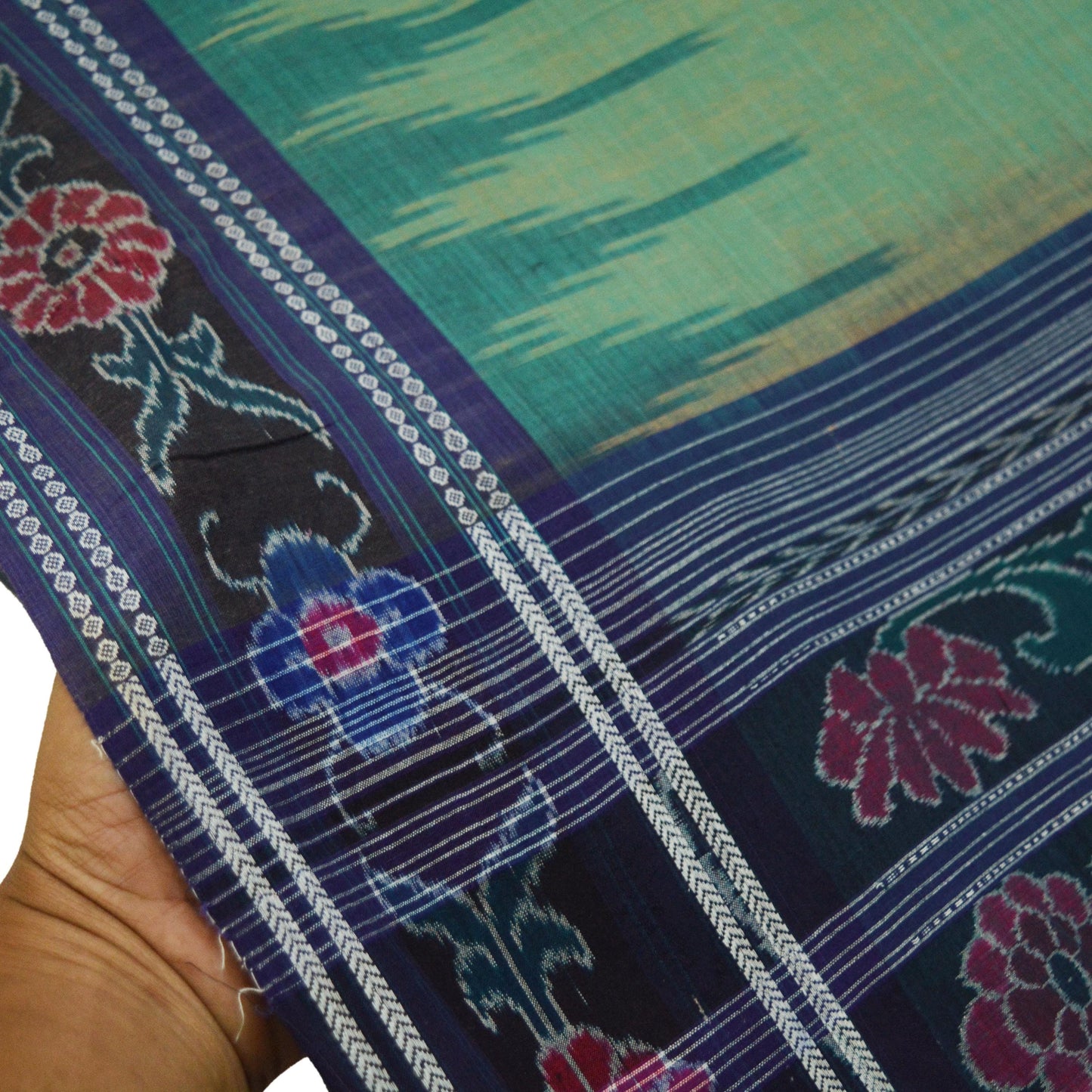 Indian Vintage Sari Green & Blue Pure Cotton Hand woven Sambalpuri Ikat Saree Ethnic Craft Fabric 5Yard Chackra Border Fringes Upcycle Soft