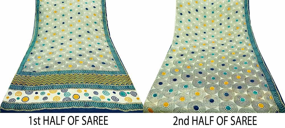 Indian Vintage Sari Ivory 100% Pure Georgette Silk Printed Sarees 5Yd Craft Fabric Sewing Soft Sari Dress Making/Designing Quilting Wrapping