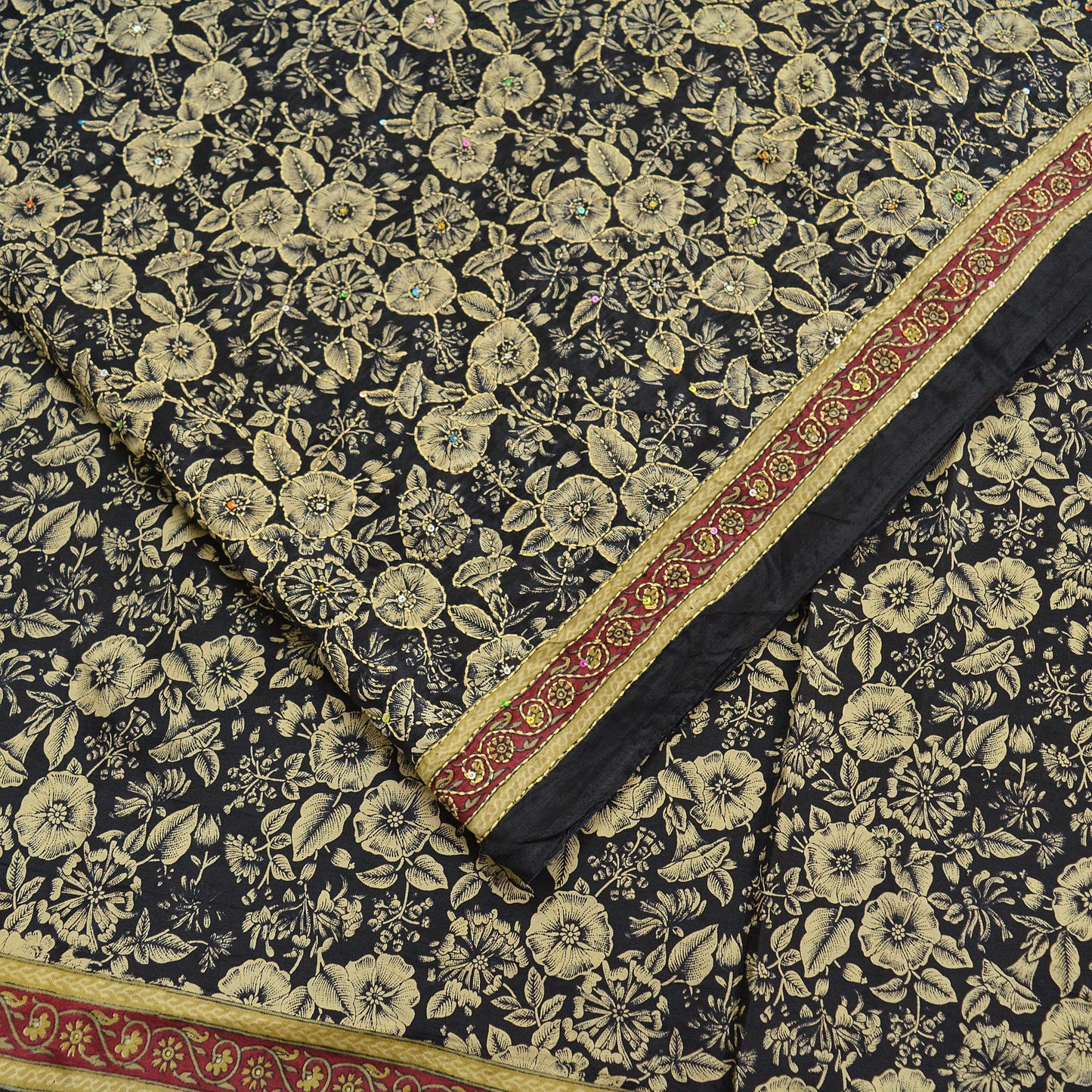 Indian Vintage Sari Black Art Silk Hand Embroidered Kantha Sarees 5yd Craft Fabric Ethnic Sewing Floral Soft Sequins Quilting Crafting Used