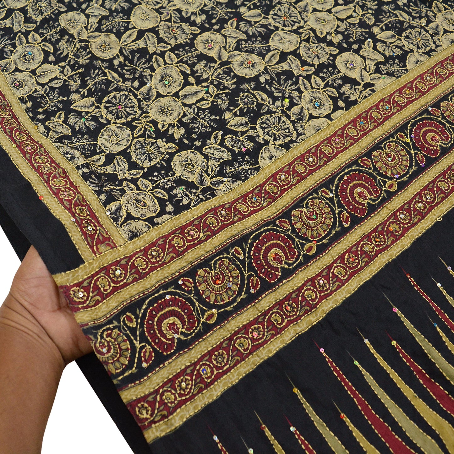 Indian Vintage Sari Black Art Silk Hand Embroidered Kantha Sarees 5yd Craft Fabric Ethnic Sewing Floral Soft Sequins Quilting Crafting Used