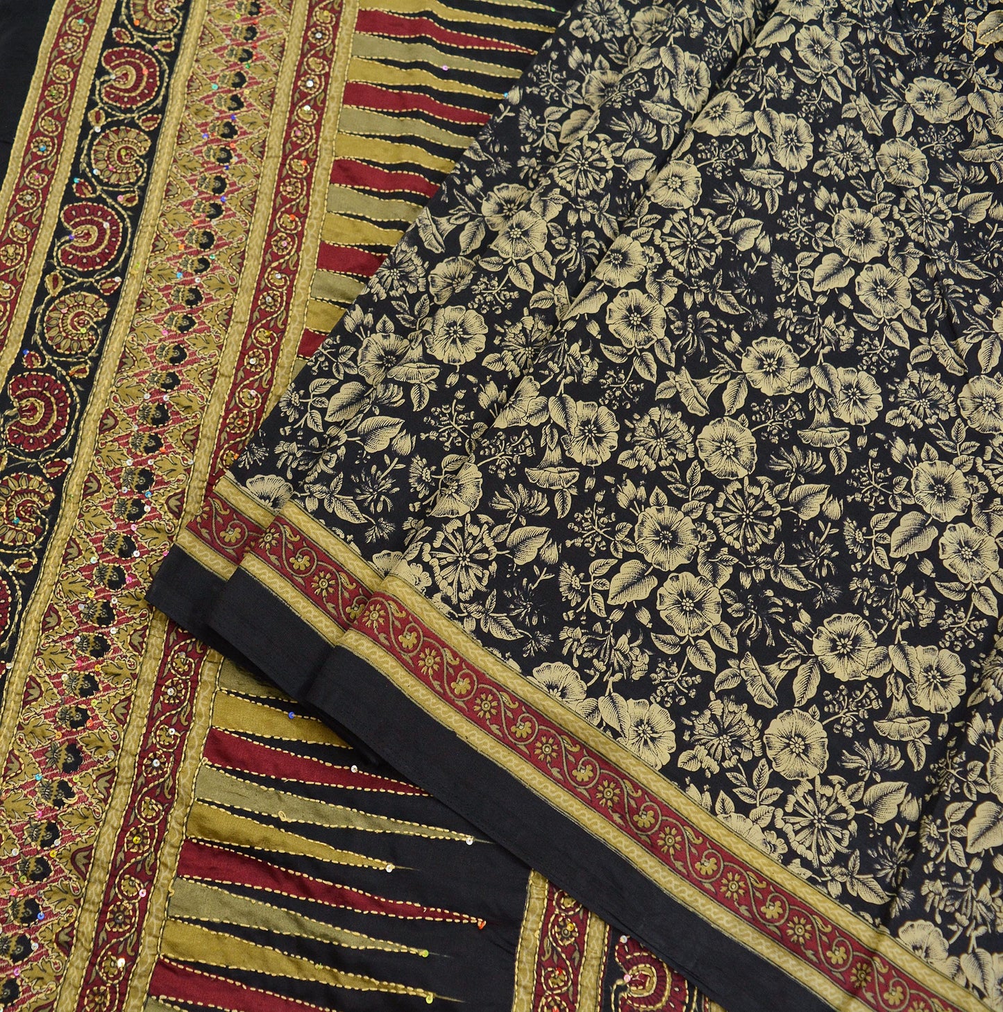 Indian Vintage Sari Black Art Silk Hand Embroidered Kantha Sarees 5yd Craft Fabric Ethnic Sewing Floral Soft Sequins Quilting Crafting Used
