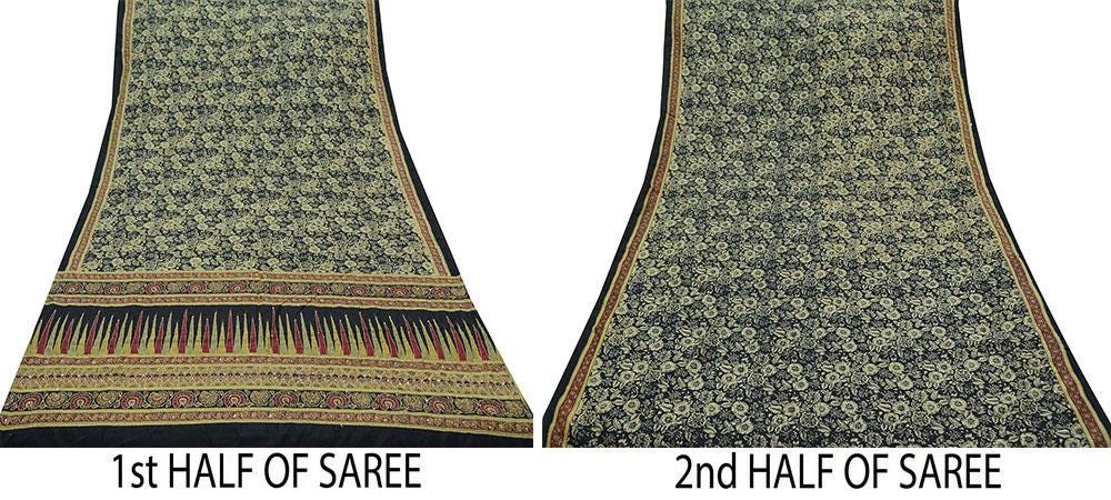 Indian Vintage Sari Black Art Silk Hand Embroidered Kantha Sarees 5yd Craft Fabric Ethnic Sewing Floral Soft Sequins Quilting Crafting Used