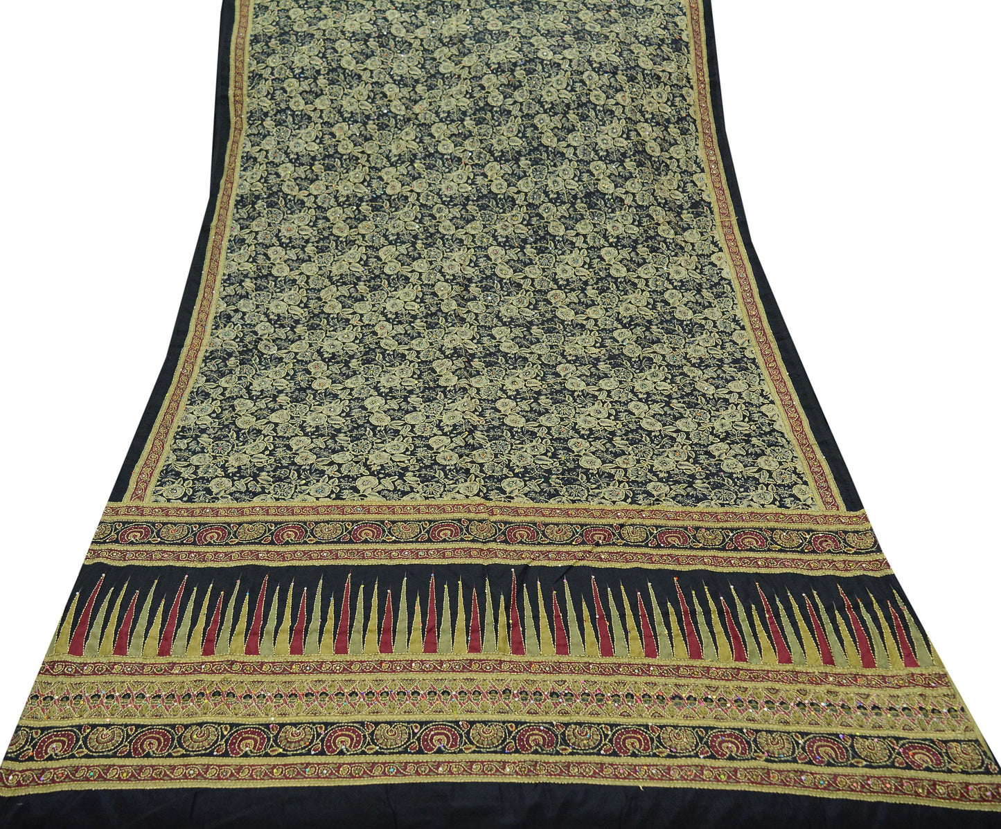 Indian Vintage Sari Black Art Silk Hand Embroidered Kantha Sarees 5yd Craft Fabric Ethnic Sewing Floral Soft Sequins Quilting Crafting Used