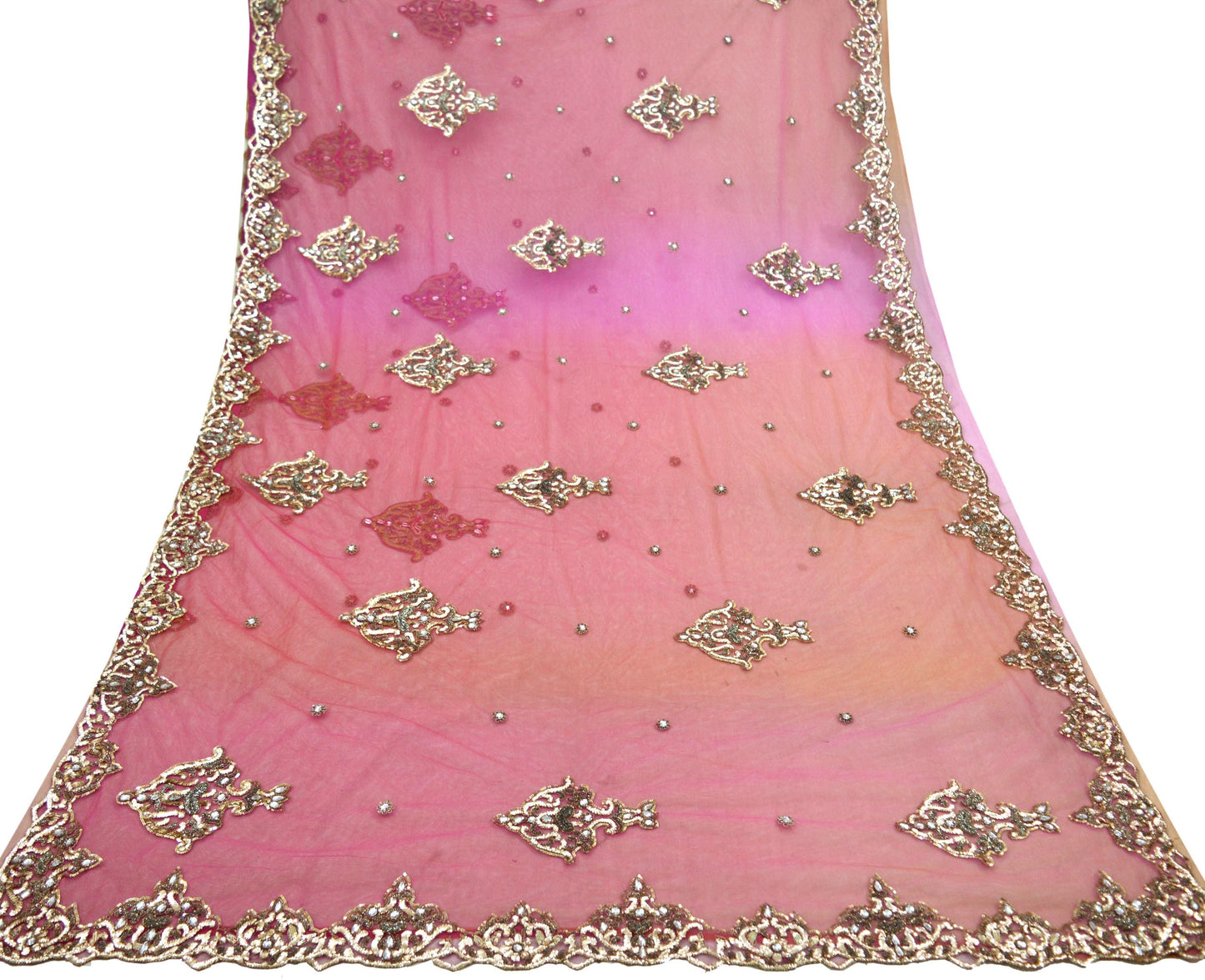 Indian Vintage Sari Pink Net/Mesh Hand Embroidered Sarees Ethnic Craft Fabric 5Yd Sewing Soft Zardozi/Dabka Zari Sequins Wedding Sarees