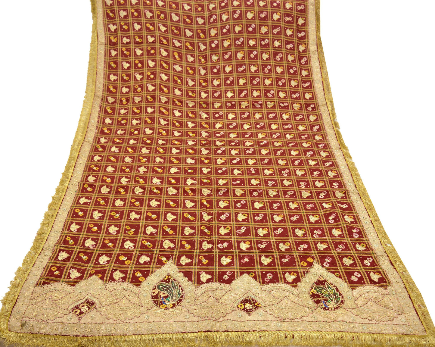 Indian Vintage Heavy Bridal Maroon Dupatta Pure Cotton Long Stole Hand Embroidered Bandhani Gharchola Scarves Wedding/Party Wear Peacock