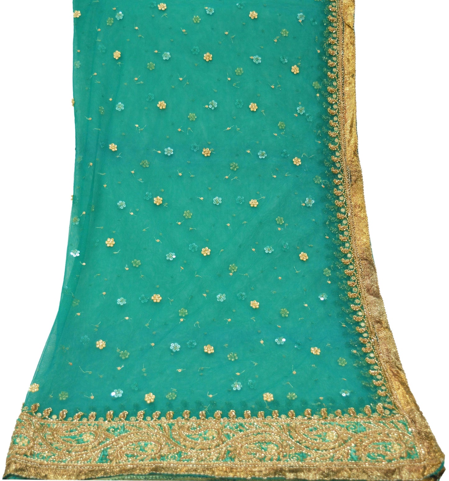 Indian Vintage Heavy Bridal Dupatta Green Net Mesh Long Stole Hand Embroidered Scarf Zardozi Zari Sequins Wedding/Party wear hijab veil