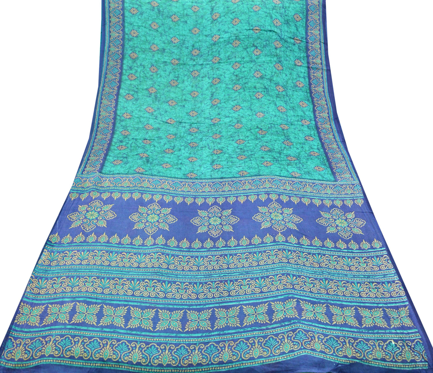 Indian Vintage Sari Green & Blue Batik Printed Saree 100% Pure Cotton 5Yd Craft Fabric Soft Sewing Sarong Wrap Boho Quilting Dress Making