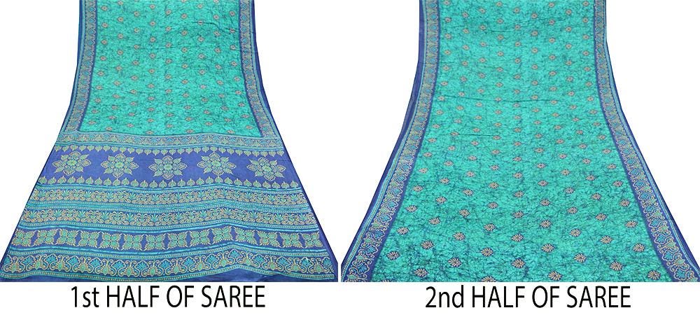 Indian Vintage Sari Green & Blue Batik Printed Saree 100% Pure Cotton 5Yd Craft Fabric Soft Sewing Sarong Wrap Boho Quilting Dress Making