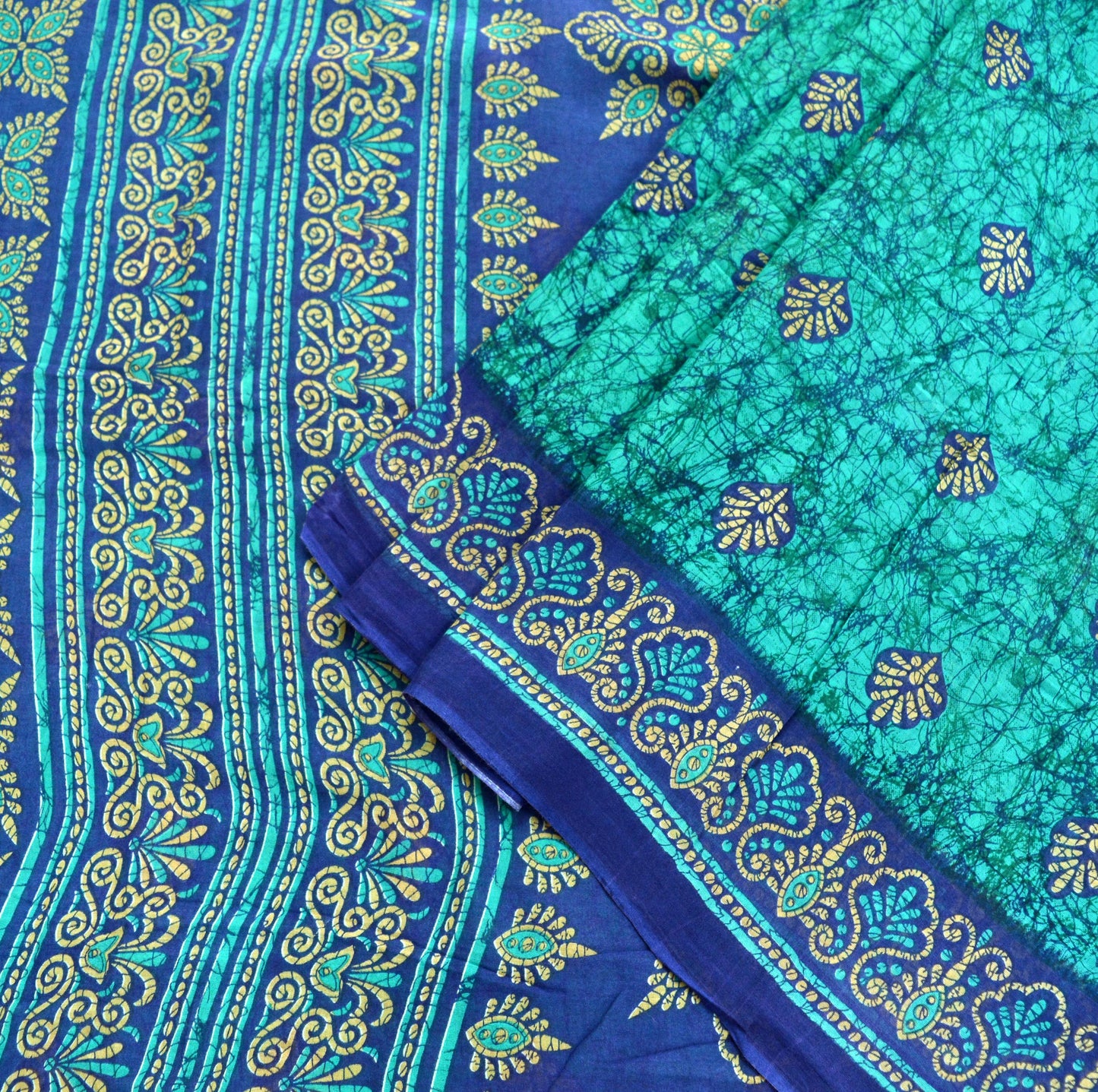 Indian Vintage Sari Green & Blue Batik Printed Saree 100% Pure Cotton 5Yd Craft Fabric Soft Sewing Sarong Wrap Boho Quilting Dress Making