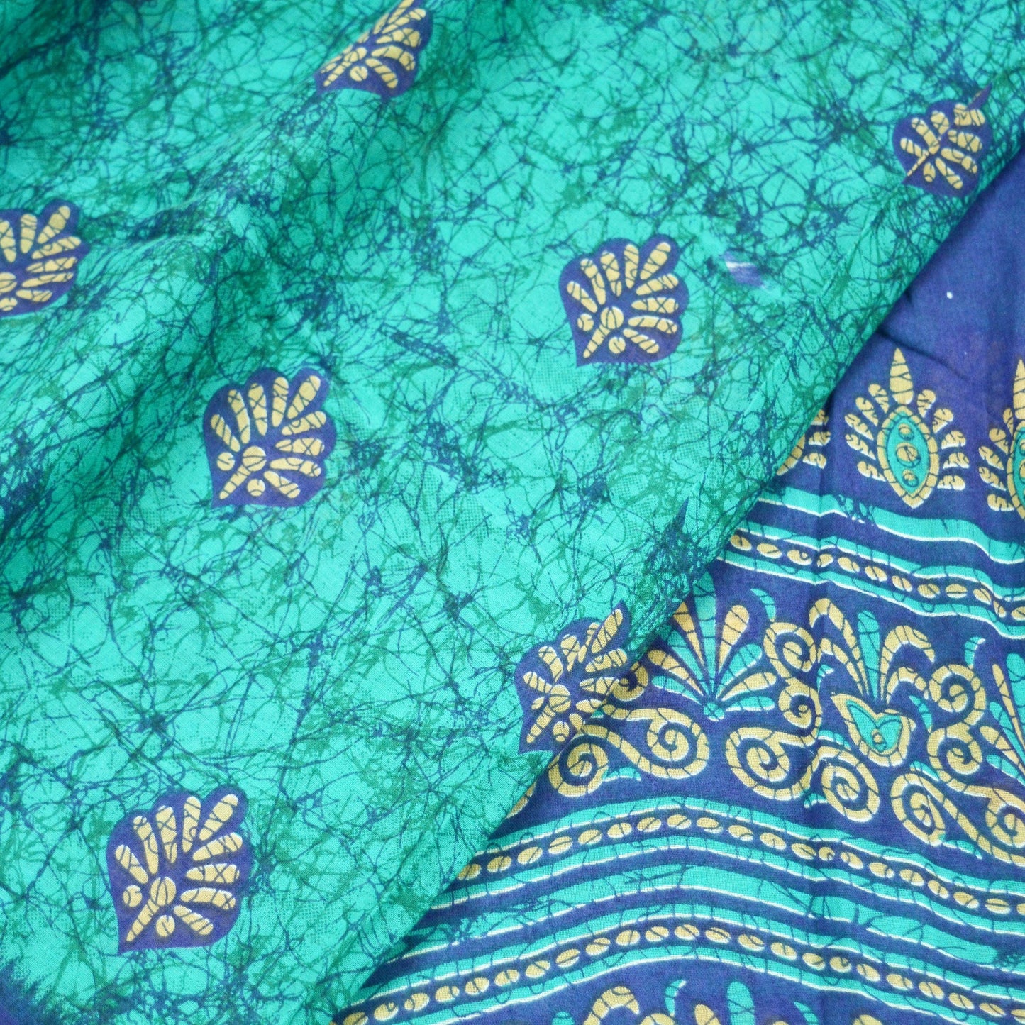 Indian Vintage Sari Green & Blue Batik Printed Saree 100% Pure Cotton 5Yd Craft Fabric Soft Sewing Sarong Wrap Boho Quilting Dress Making