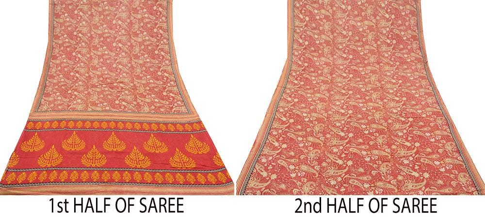 Indian Vintage Sari Red Printed Saree 100% Pure Cotton 5Yd Craft Fabric Sewing Soft Sarong Wrap Boho Paisley Quilting Dress Making Crafting