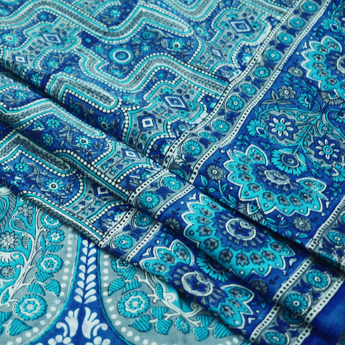 Indian Vintage Sari Blue & Gray 100% Pure Silk Printed Saree 5yd Sewing Craft Fabric Soft DressMaking Wrap Quilting Wrapping Crafting